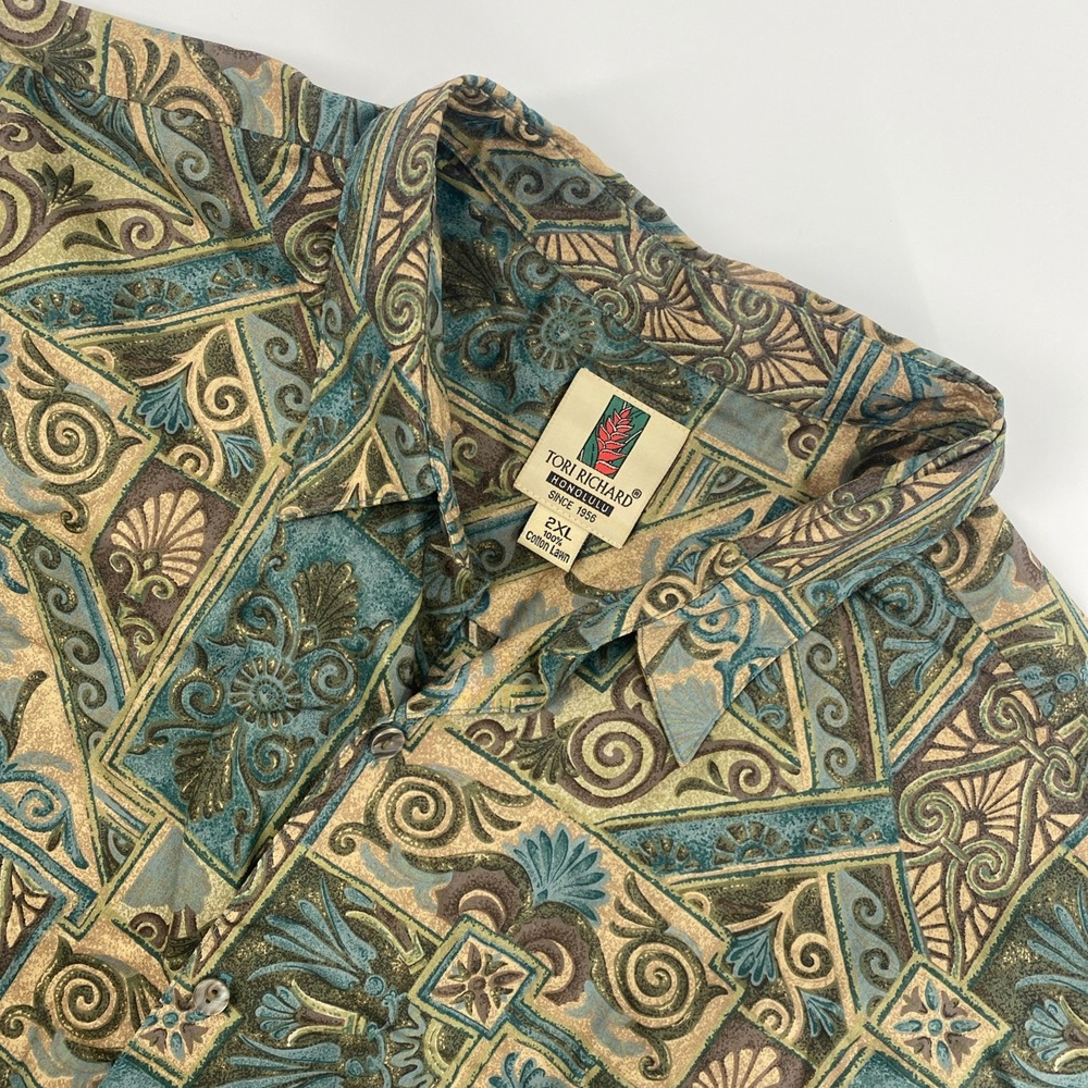 Tori Richard Shirt Mens 2XL Teal Olive Cotton Lawn Geometric Hawaii USA Boho